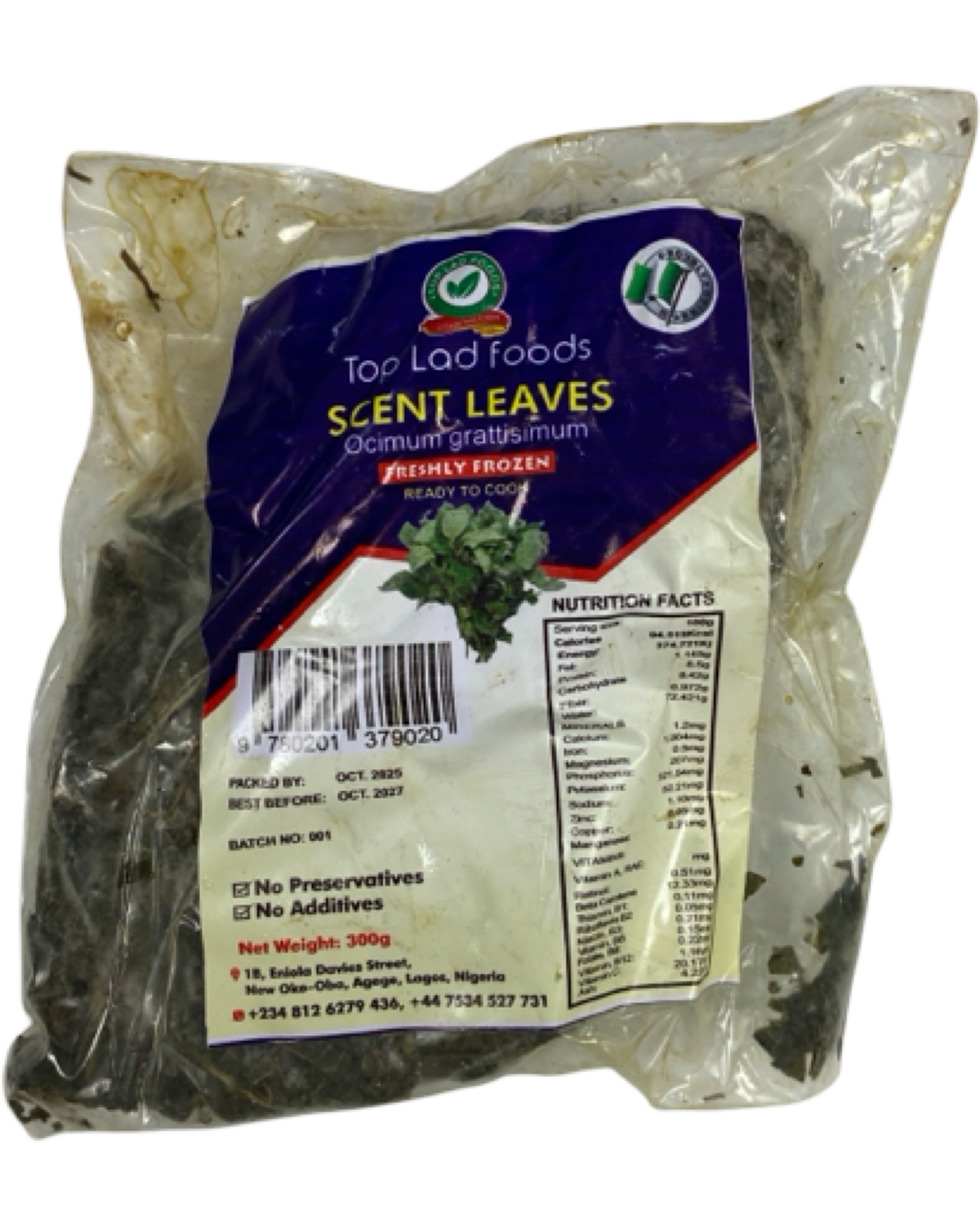 Scent Leaves (Ocimum gratissimum): Freshly frozen, 300g.